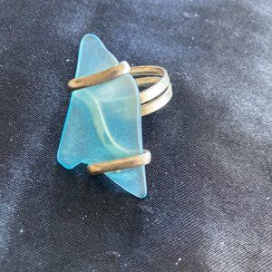 Blue beach glass adjustable ring